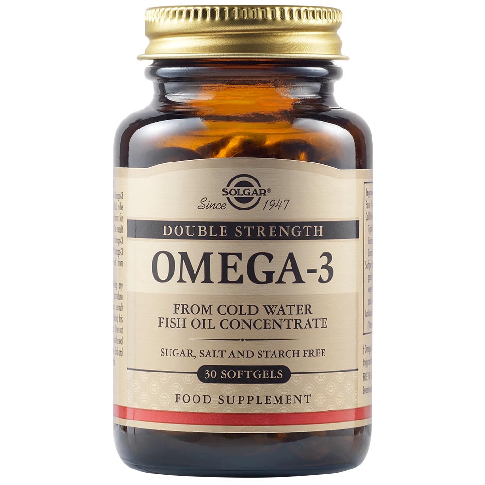 Solgar Omega 3 Double Strength 30 Softgels. Συμπλήρωμα διατροφής πλούσιο σε Omega-3 λιπαρά οξέα, χρήσιμο για την υγεία του καρδιαγγειακού συστήματος.
